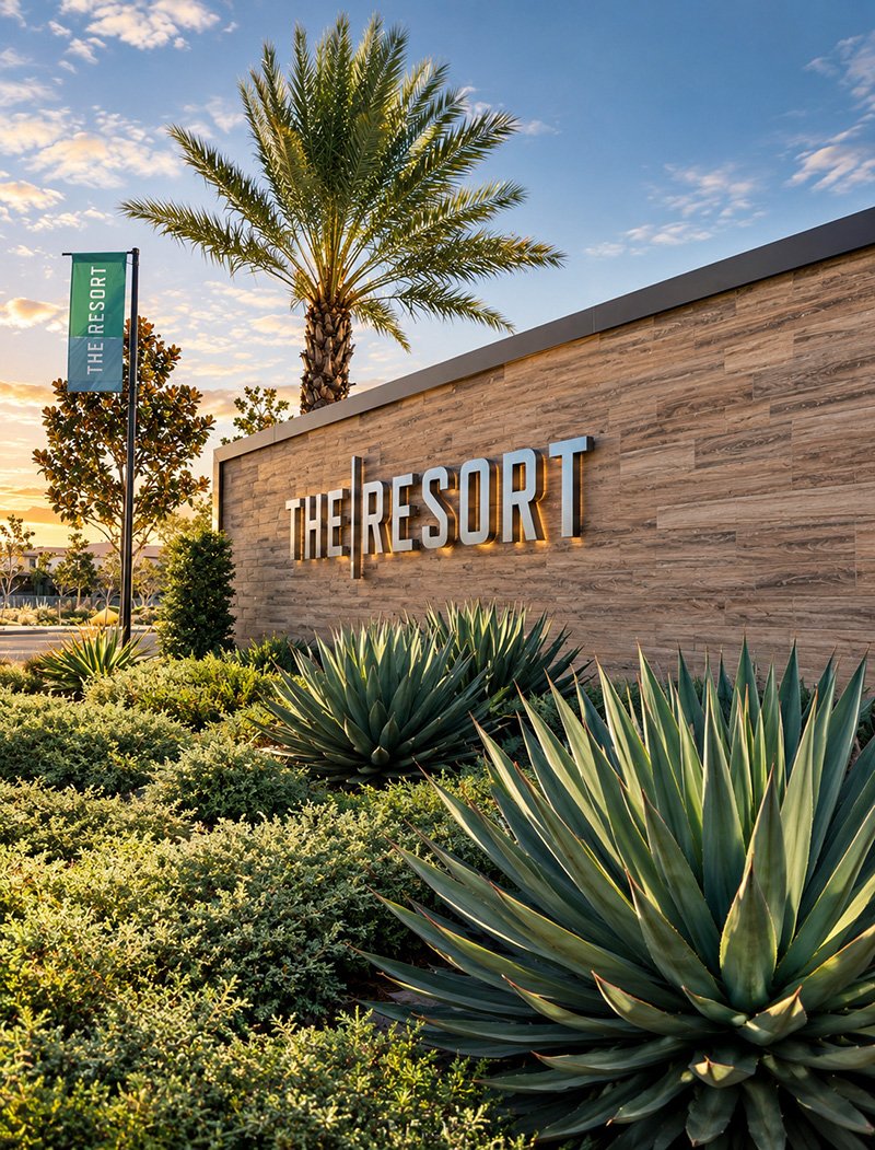 The Resort neighborhood entrance sign on a stone wall at sunset, with a palm tree and agave plants. Built on land that was once Cucamonga vineyards.
